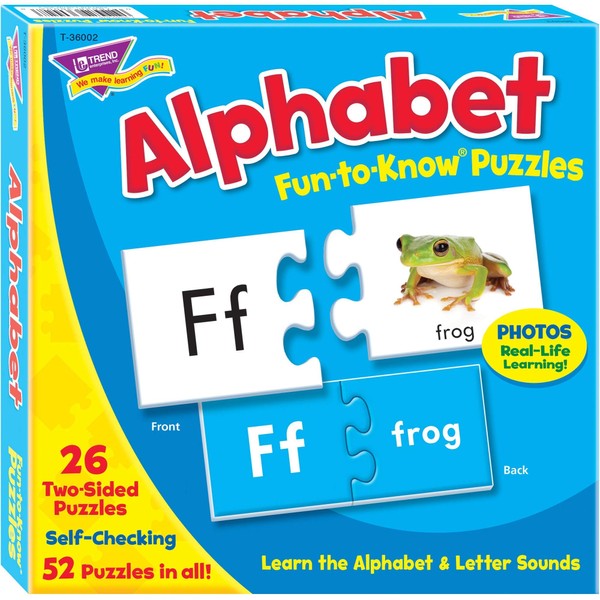 Trend Enterprises: Fun-to-Know Puzzles: Alphabet, Learn The Alphabet & Letter Sounds, 26 Two-Sided Puzzles, Self-Checking, 52 Puzzles Total, for Ages 3 and Up