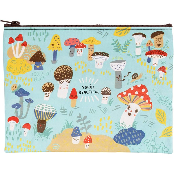 Blue Q Zipper Pouch, Cute Lil' Mushrooms. Chunky sturdy zipper, easy-to-wipe-clean, made from 95% recycled material. Great for organizing larger bags. 7.25"h x 9.5"w