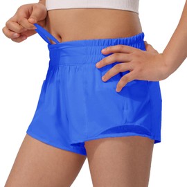 HXUNJW Girls Athletic Shorts Lightweight Running Shorts for Teen Girls Kids Liner with Zip Pocket and Elastic, Blue, Large