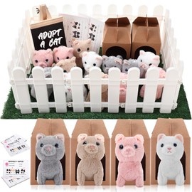 Blueweenly 84 Pcs Adopt a Pet Party Favors 24 Mini Plush Stuffed Animals 10 White Plastic Fence 24 Paper Gift Boxes 24 Adoption Cards with Mini Chalkboard and Artificial Lawn(Cat)