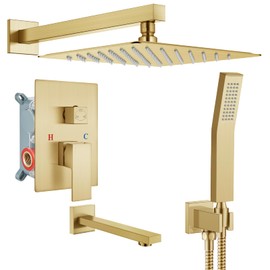gotonovo Shower System Set with Tub Spout 3 Function Wall Mounted Shower Faucet Combo Rainfall Shower Head and Handheld Spray Rough-in Valve Shower Trim Kit 10 Inch Brushed Gold
