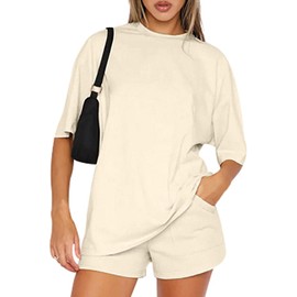 Yutdeng Women's 2 Pieces Outfit Summer Tracksuit Cotton Short Sleeve Shorts Sets Crew Neck Solid Color Tops Shorts with Pockets Lounge Wear Sets Streetwear co ord Sets,Khaki,M