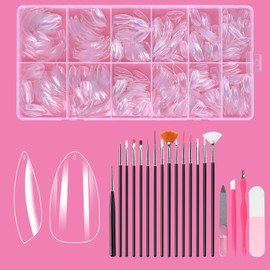 DOINEUFL Amerikanische Nagelkapsel – 600 Stück Nagelkapseln in 10 Größen, 15 Nagelkunst-Pinsel, 4 Maniküre-Werkzeuge, geeignet für Anfänger in der Nagelkunst, DIY, komplette Maniküre für zu Hause