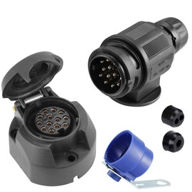 SPARKMOTO 13 Pin Trailer Plug and 13 Pin Trailer Socket,12V 13 Pin Trailer Plug Socket With Blue Trailer Plug Holder Tow bar Towing Trailer Plug Socket For Trailer RV Cars Caravan Connector (Short)