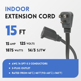 Zorky 15 ft Flat Plug Gray Extension Cord，14/3 SPT-3 Heavy Duty Appliance Extension Cord-Extension Cable with 3 Prong Grounded Plug for Safety - for Appliance,Refrigerator, Space Heater