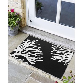 Doormat Coral on Black Background Non-Slip Indoor Door Mats Entryway Rugs White Nautical Sea Creature Washable Floor Mat for Living Room Bedroom Bathroom Entrance,24x36IN