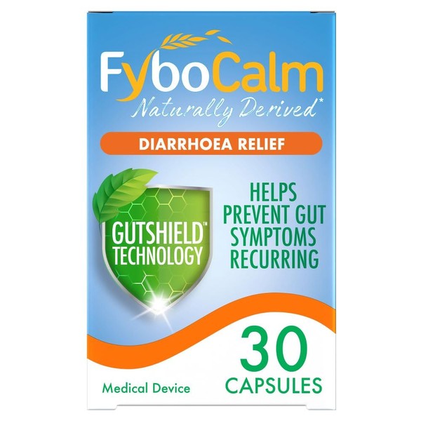 FyboCalm Diarrhoea Relief, Naturally Derived, 30 Capsules, Long Lasting Relief, IBS, Gluten Free, Lactose Free, Relieve and Prevent Gut Symptoms Recurring, Pre Biotic