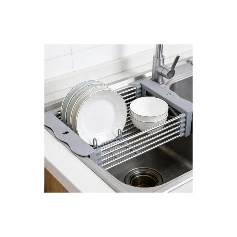 Adjustable Dish Drying Rack with Stainless Steel Drain Basket Over-The-Sink