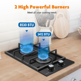 MOCIFI 2 Burner Gas Cooktop, 12 Inch Built-in Propane/LPG/NG Dual Fuel Stove, Black Tempered Glass Hob with Thermocouple Protection & Adjustable Flame, for Apartment, Kitchen, RV