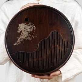 Bamboo Tea Tray Round Shape Ma Ta Shan He, Chinese Gongfu Tea Table Serving Tray, Serving Box Reservoir Type, Kungfu Tea Accessory (Middle)