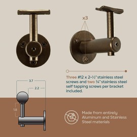 Industrial Aluminum 1.5 Inch Round ADA Complete Indoor/Outdoor Straight Handrail Grab Bar Kit, Returns to Wall (Bronze, 2 Foot Handrail)