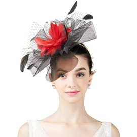 TLMNU Sinamay Fascinator Hat Floral Feather Pillbox Derby Hats for Women Wedding Tea Party with Headband Clip 03-Black,Red