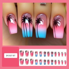 Summer Press on Nails Medium Length Fake Nails Pink Blue False Nails with Coconut Tree Designs Seaside Starry Sky Gradient Acrylic Nails Full Cover Glue on Nails Beach Holiday Stick on Nails for Women