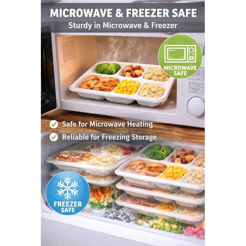 5-Compartment Bagasse Food Trays, 25 Pack, Compostable Sugarcane Fibre