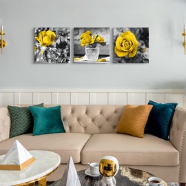 Canvas Wall Art For Bedroom Wall Decor For Kitchen Living Room Decor Girls Room Wall Decorations Black And White Wall Pictures Artwork Yellow Rose Flowers Canvas Prints Bathroom Home Decor 3 Piece