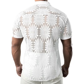 JOGAL Mens Floral Lace Shirt See Through Casual Button Down Shirts Raw White Medium