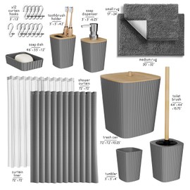 Clara Clark Bathroom Accessories Set - Grey Bathroom Set, Bathroom Sets with Shower Curtain and Rugs, 22PC Shower Curtain Set with Bathroom Trash Can