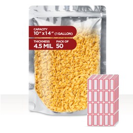 BELLE KR® 50 Pcs 1 Gallon Mylar Bags for food storage - 9.5 mil - Gusseted Mylar Bags 1 Gallon Resealable & Heat Sealable for Long Term Food Storage - Labels Included