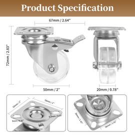 Fixhando 2 Inch Clear Caster Wheels Set of 4, 360 Degree Swivel Top Plate Caster with Brake, Transparent Furniture Wheels for Cabinet, Ottoman, Workbench, Trolley, Shelf