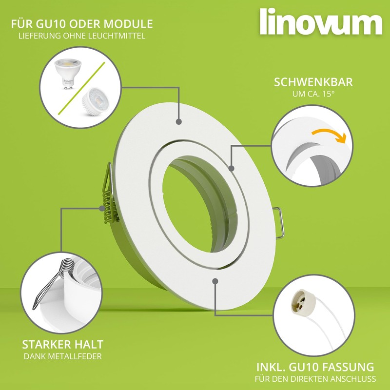 Recessed Spotlight Frame, Round, Pivoting, Stainless Steel and White