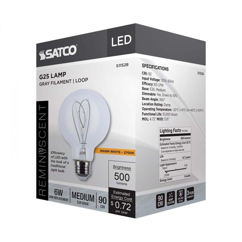 Satco S11528 LED Bulb, 6W (60W Eq), G25 Vintage Globe,