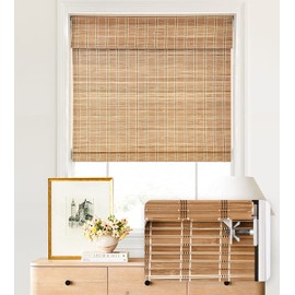 LazBlinds No Tools No Drill Cordless Bamboo Roman Shades, Light Filtering Window Treatment, Roll Up Bamboo Blinds for Windows 20'' W x 64'' H, Brown
