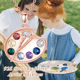 LEECCI - Collar con paleta de pintura y brocha de plata de ley 925, collar de pigmento colorido, pintor, colgante de pintor, collar con dije de pintor, regalo para niñas y mujeres, Plata esterlina, Circonia cúbica