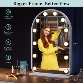 LUXFURNI Vanity Mirror with Lights, 24.5" x 15.8" Arched LED Makeup Mirror, Lighted Hollywood Mirror with Lights, Smart Touch Control Dimmable 3 Modes Light, White