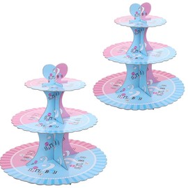 KINMRIS 2 Pack Cupcake Stand 3-Tier Lace Edge Dessert Stand, Gender Reveal Baby Cardboard Cupcake Stand, Birthday Party Supplies Tier