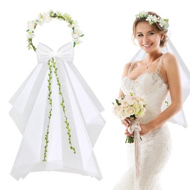 BETESSIN Bridal Veil Women's Short Veil JGA Flower Wreath Tulle Bridal Wedding Hair Accessories Bow Headpiece Flowers Bridal Jewellery for Hen Night Cosplay Party White B