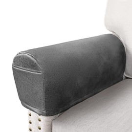 ANARACHON Leather Look Couch Arm Covers Set of 2 Armrest Covers for Sofa Chair Arm Protectors Stretch Armchair Slipcovers with Pockets Washable Spandex Fabric (Large, Light Grey)