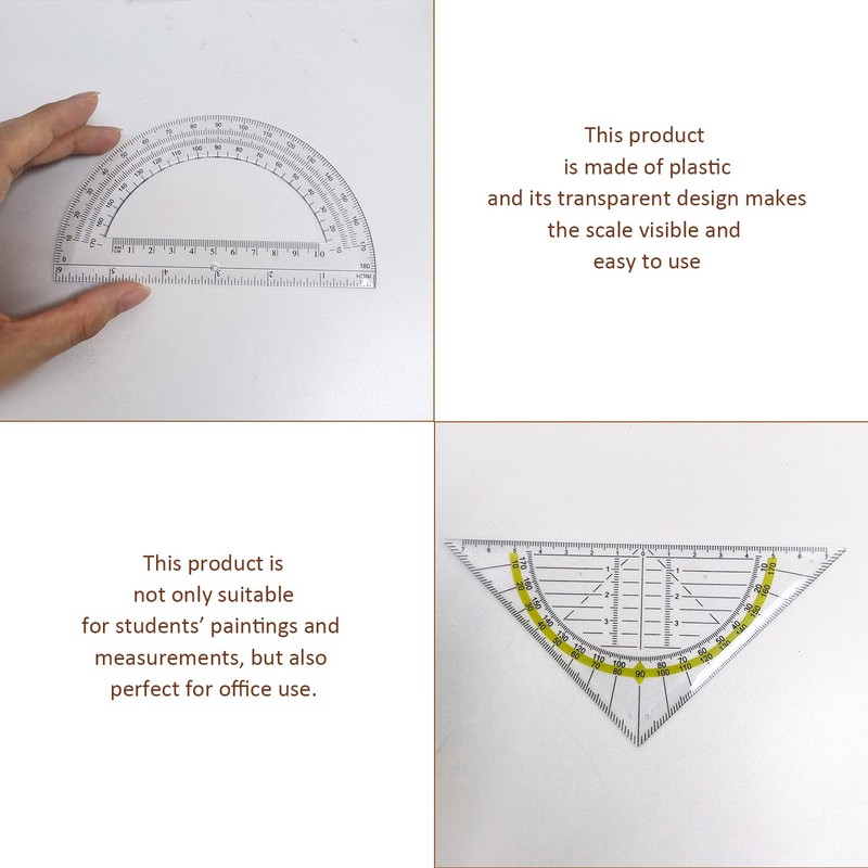 3 Pieces Transparent Protractors and 1 Piece Triangle Ruler, Plastic