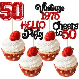 Gyufise 24Pcs Happy 50th Birthday Cupcake Toppers Star 50 Hello Fifty Vintage 1975 Cupcake Picks Cheers to 50 Birthday Decorations for 50th Birthday Anniversary Party Decorations Supplies Red