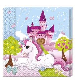 Procos 85673 - Servietten Einhorn, 20 Stück, Größe 33 x 33 cm, Papierservietten mit Motiv, Tischdekoration, Mundtuch, Party, Unicorn, Schloss