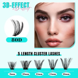 Wispy Cluster Eyelash Extensions, Pack of 200, Individual Eyelashes, 9-16 mm, Waterproof, Natural Eyelash Extension, DIY Cluster Eyelashes with Soft Thin Band (80D)