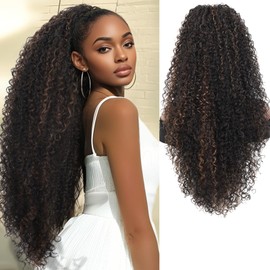 Kalyss 27" Curly Drawstring Ponytail Afro Kinky Ponytail for Women Kinky Curly Ponytail Long Extension Deep Wavy Ponytail Wig Brown Highlights Ponytail Wig