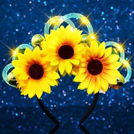 JEAIRTS Light Up Sunflower Headband with Gold Glitter Balls Glow Party Hair Accessories for Festivals