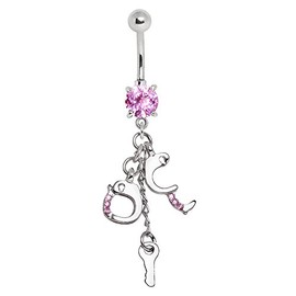 Cocobul Body Jewelry 316L Navel Ring with Pink Gemmed Handcuff and Key Dangle