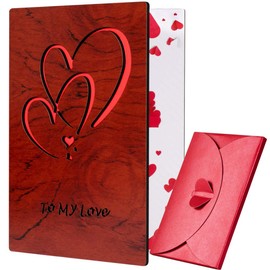 Valentines Day Cards for Her Him, Wood Valentines Cards for Husband Wife, Happy Birthday Card for Boyfriend Girlfriend, Wooden Greeting Card with Red Heart Envelope