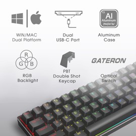 AG AC61M GK61 RGB Gaming Keyboard - 61 Keys Aluminum Case Two USB-C Ports PBT Keycap Hot Swappable Programmable for PC/Mac Gamer (Gateron Optical Blue, Black Color)