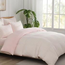 Gezu Bed Linen 135 x 200 cm Striped Pink White 3-Piece Pattern Modern Reversible Bed Linen Set Breathable Soft Microfibre Duvet Cover 135 x 200 cm and 1 Pillowcase 80 x 80 cm with Zip