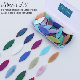 LITMIND 50 Pcs Iridescent Glass Large Petals Mosaic Tiles for Crafts, 2" x 0.63" Hand Cut Stained Glass Leaves Pieces, Rainbow Glass Flowers Mosaic Making Supplies