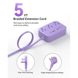 Small Purple Extension Cord 5FT, Cute Extension Cord with 3 AC Outlets 3 USB(1 USB C), Travel Power Strip Flat Plug with USB Charging Station, Compact for Cute Purple Kawaii Lavender Desk Accessories