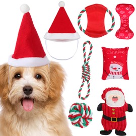 Dansydaisy 7 Pcs Christmas Dog Toys for Small Dogs Includes 1 Xmas Santa Hat, 3 Dog Plush Squeaky Toy and 3 Dog Rope Toy for Dog Christmas Indoor Outdoor Party
