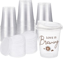 Willinglong 50 Pack Coffee Bridal Shower Coffee Cups with Strawless Sip Lids 12 oz Love Is Brewing Iced Cups Disposable Cup for Reception Guests Bar Supplies Anniversary