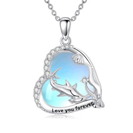 Dorunmo Hammerhead Shark Necklace 925 Sterling Silve Hammerhead Shark Heart Moonstone Pendant Necklace Ocean Waterweeds Jewelry Gifts for Women
