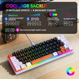 Snpurdiri 60 Percent Wired Gaming Keyboard, RGB Backlit Mini Gaming Keyboard, 63 Keys Ultra-Compact Small Keyboard for PC, Gamer, Typist, Travel, Easy to Carry on Business Trip(Black-White-Orange)