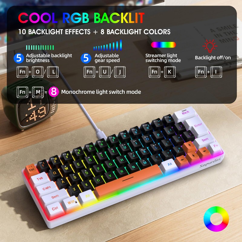 Snpurdiri 60 Percent Wired Gaming Keyboard, RGB Backlit Mini Gaming