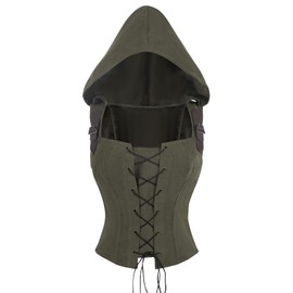 CR ROLECOS Renaissance Corset Vest Women Lace Up Sleeveless Pirate Gothic Hooded Costume Green XXL