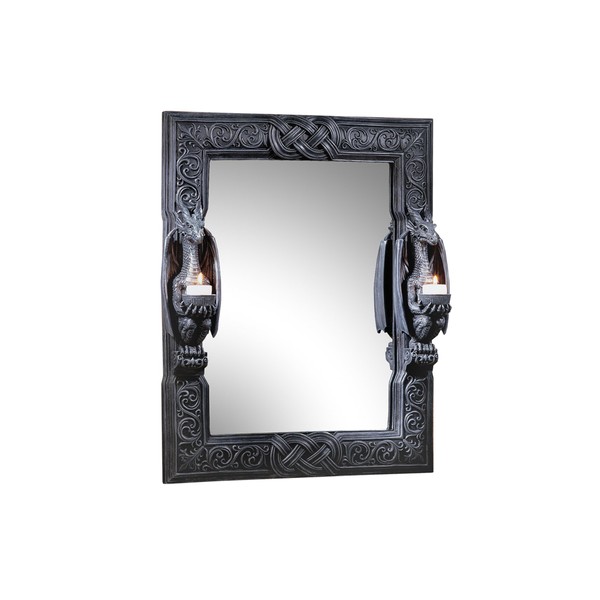 Design Toscano Thorne Twin Sentinal Dragons Gothic Decor Wall Mirror Sculpture with Candle Holders, 19 Inches Wide, 5 Inches Deep, 23 Inches High, Gray Stone Finish
